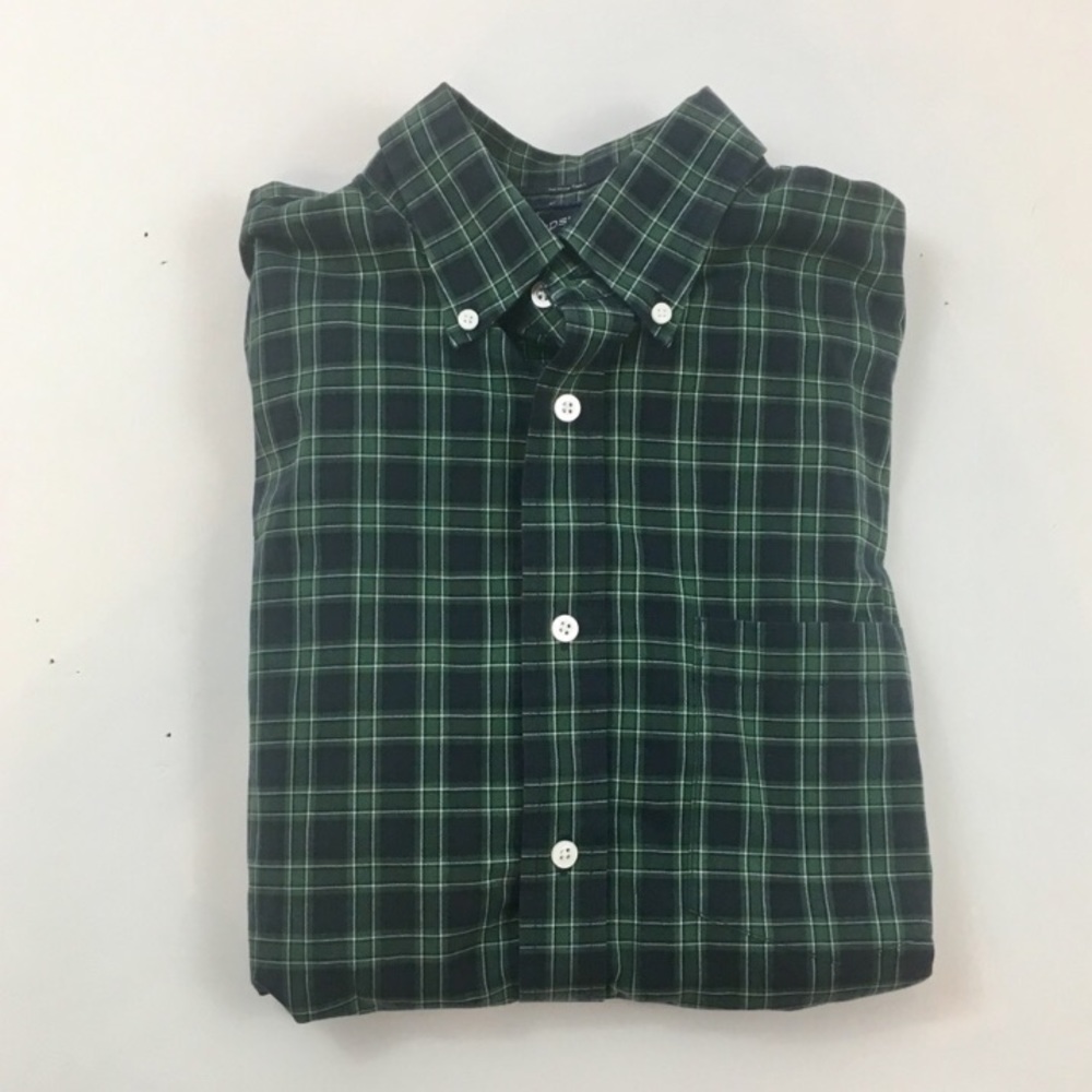 Lands’ End No Iron Twill Green Plaid Shirt